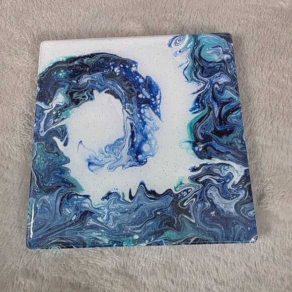 Original Pour Paint Set 4 Ceramic Coasters Hand Poured Wave Painting Blue White - Picture 4 of 7
